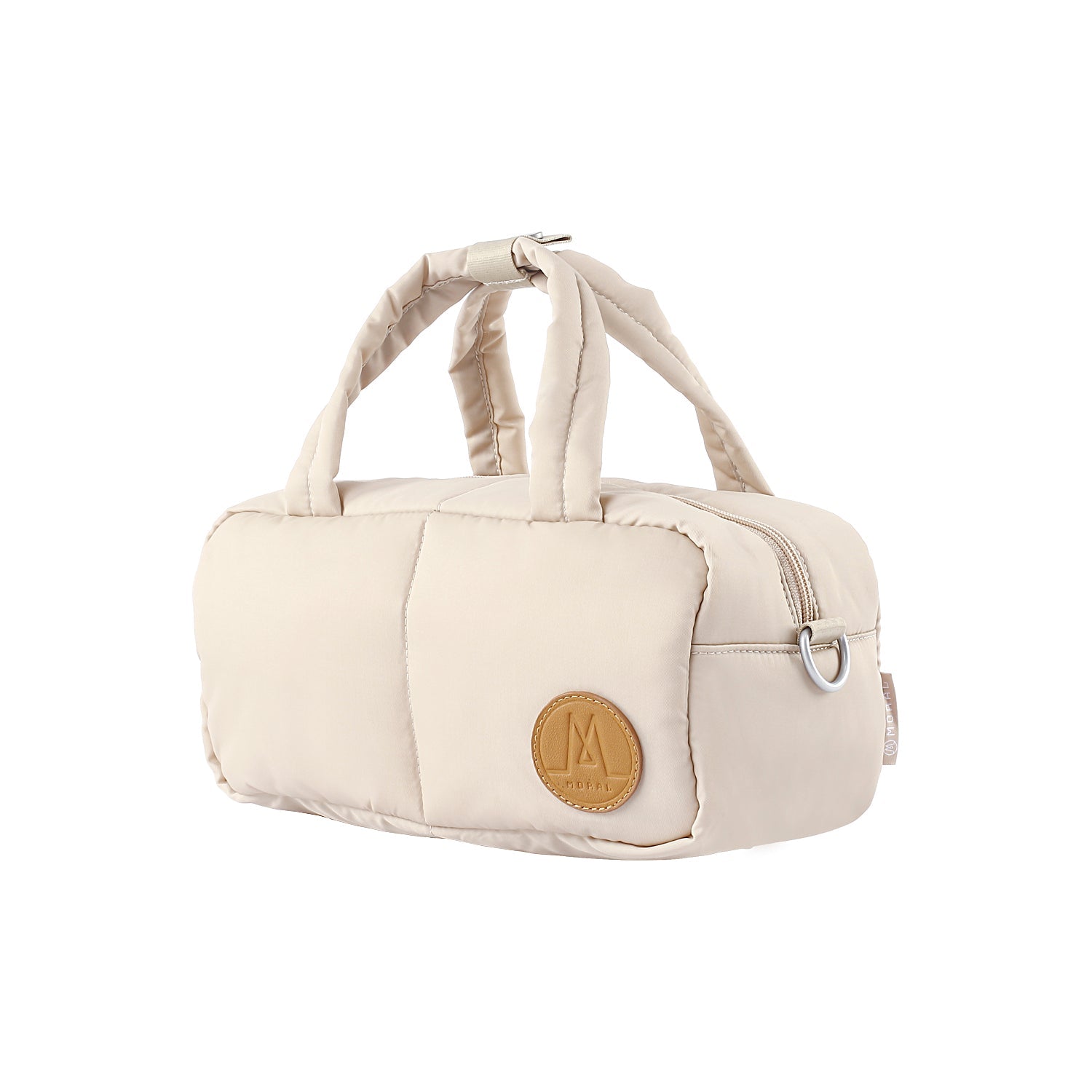 Moral Chapel側背包,奶油白色正面單品照,簡約圓筒外型,附有品牌標誌與可調式背帶。