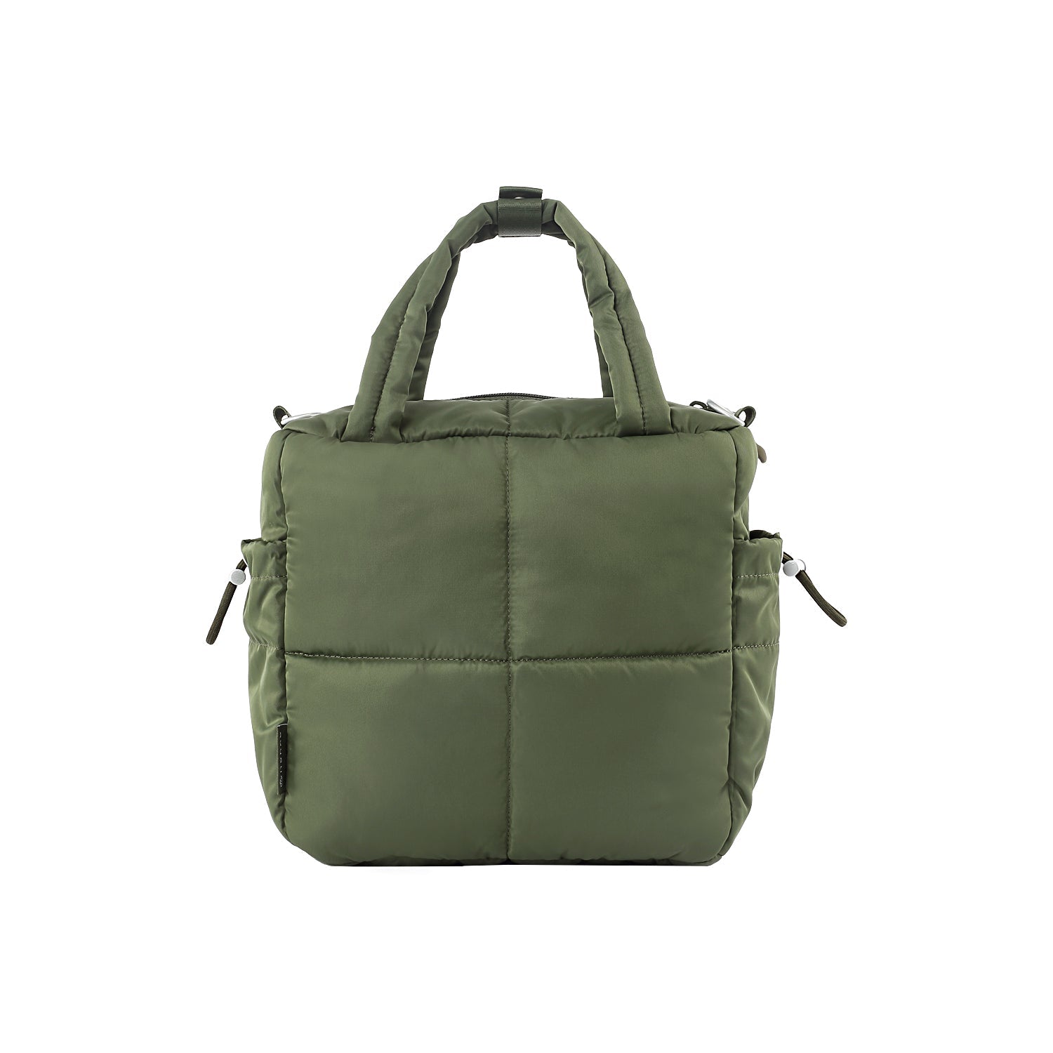 MORAL Chapel 方型單肩包(中)軍綠色,立體格紋設計搭配雙提把。包側有束繩口袋,造型簡約實用。