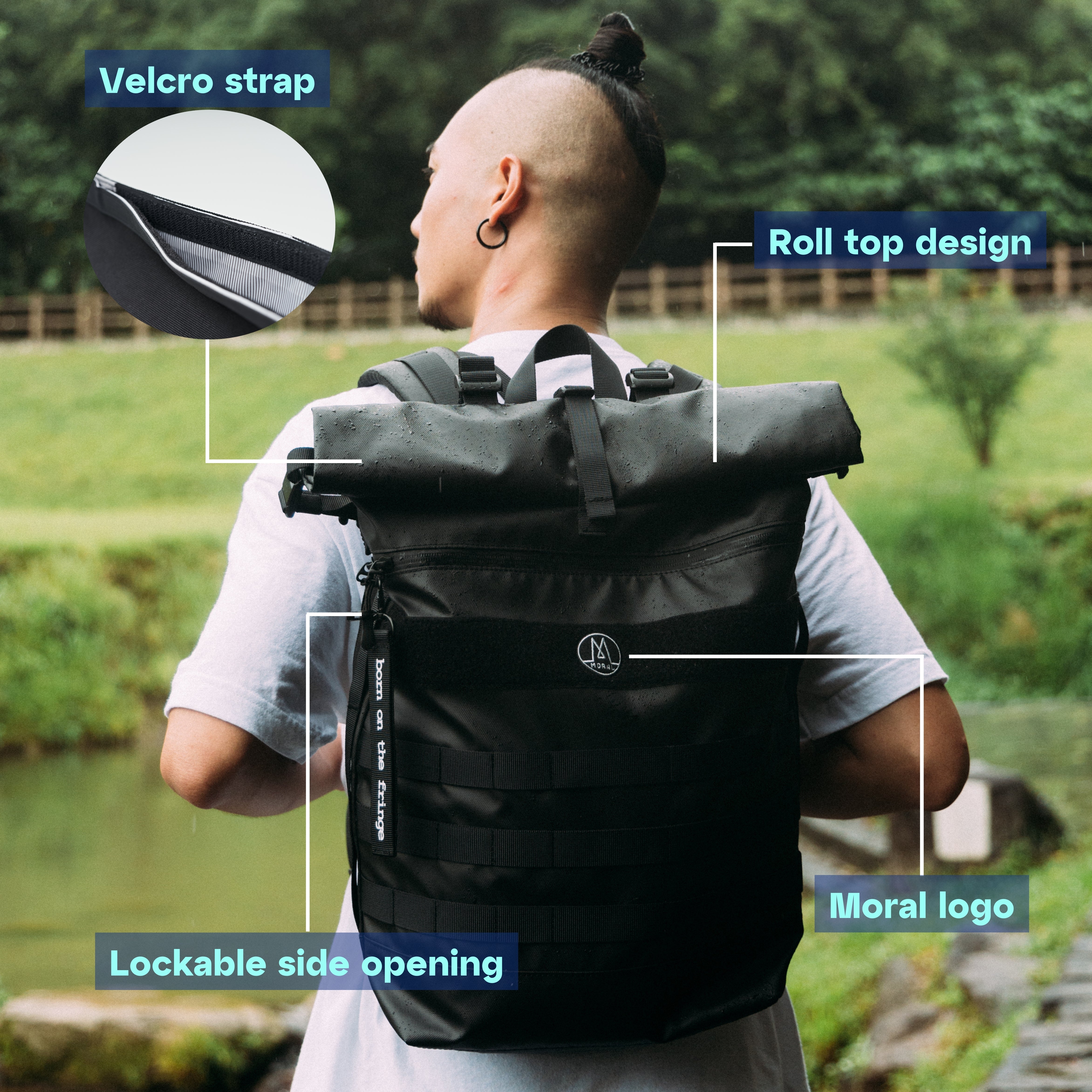 Moral NIGHTHAWKS MILITARY II 軍用風背包,展示可摺式袋口、魔鬼氈、可上鎖側開設計與品牌LOGO。背包設計強調多功能與戶外實用性,防潑水材質適合各種環境。