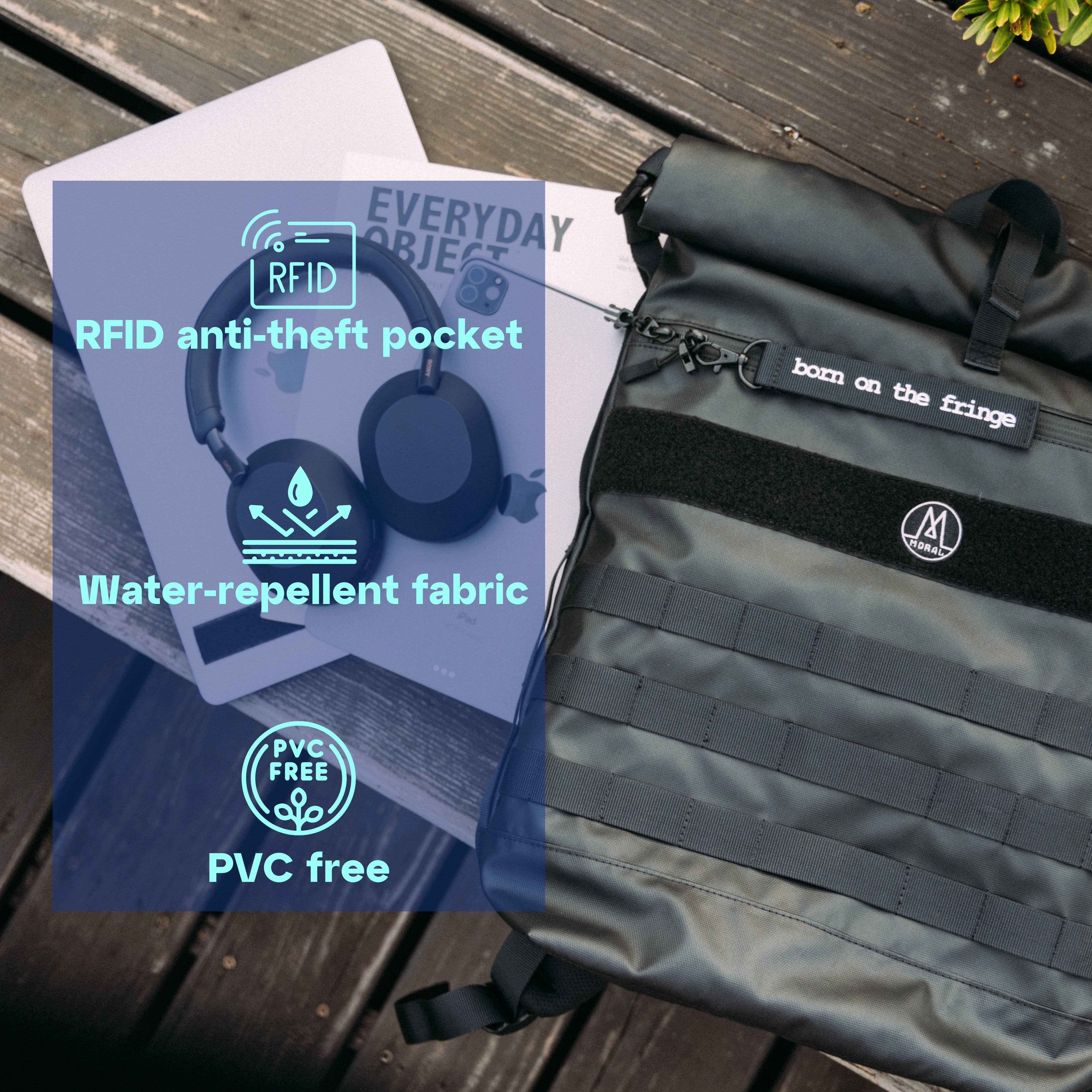 Moral NIGHTHAWKS MILITARY II 軍用風背包,強調RFID防盜拉鍊袋與防潑水環保材質設計。PVC free用料,保護個人財物同時兼顧環保。