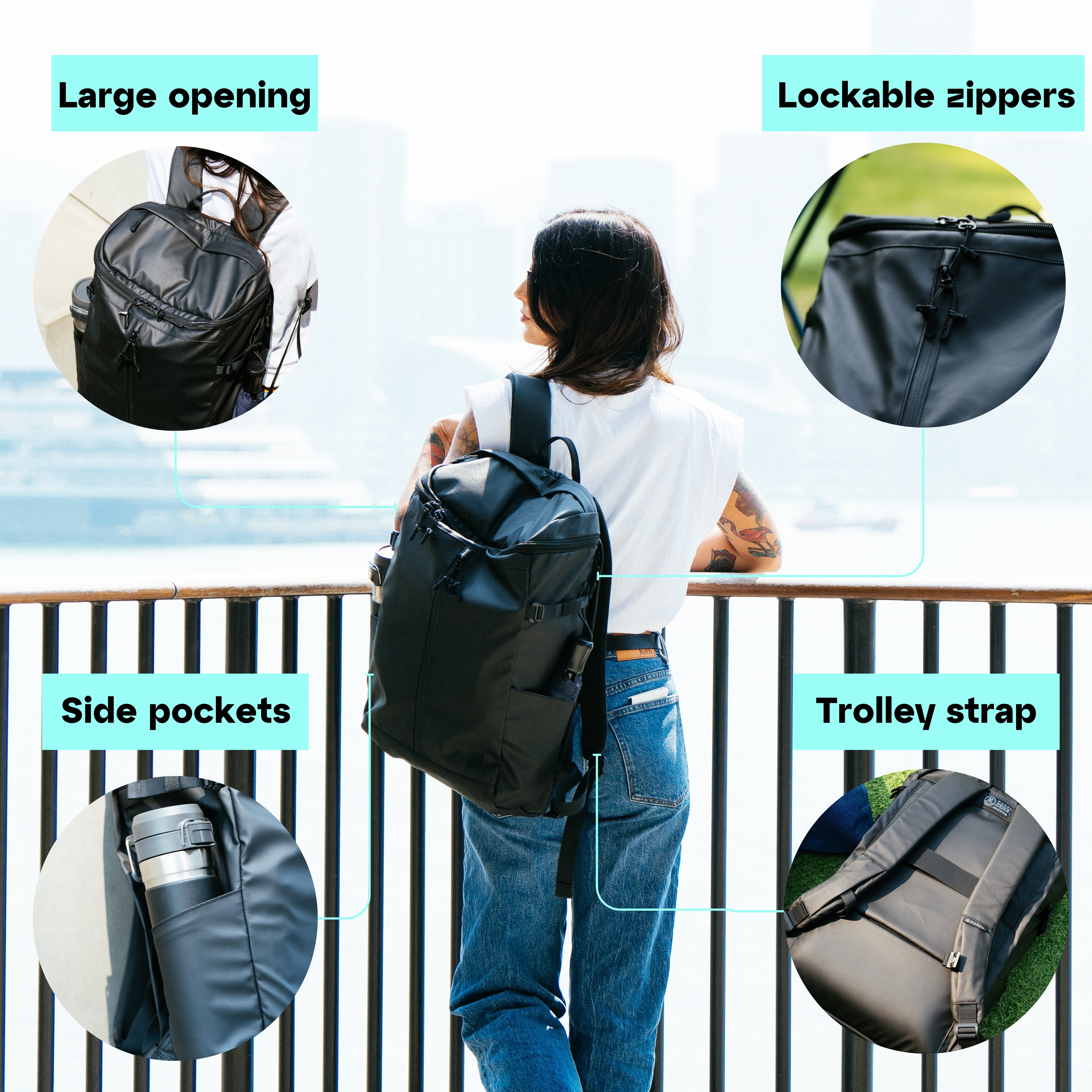 Moral ROCHESTER OMNI 雙肩背包 "L" - STEALTH EDITION,背包展示於戶外環境,特點包括大開口設計、鎖定拉鍊、側邊口袋及行李固定帶,適合通勤與旅行使用,極簡黑色風格。