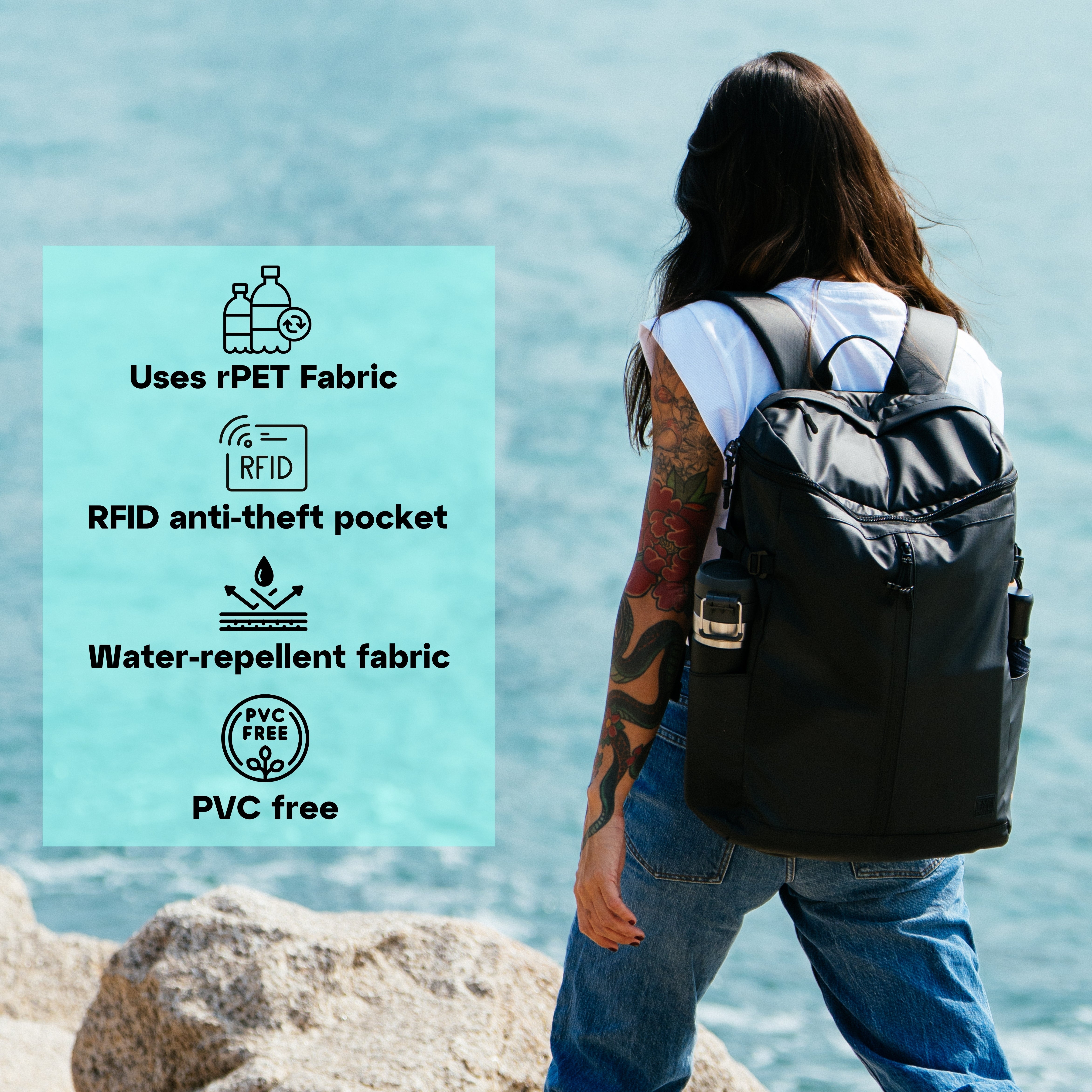 Moral Rochester Omni 雙肩背包 特點包括使用環保 rPET 材質、RFID 防盜隔層、防潑水面料及無 PVC 設計,時尚且適合日常通勤與旅行