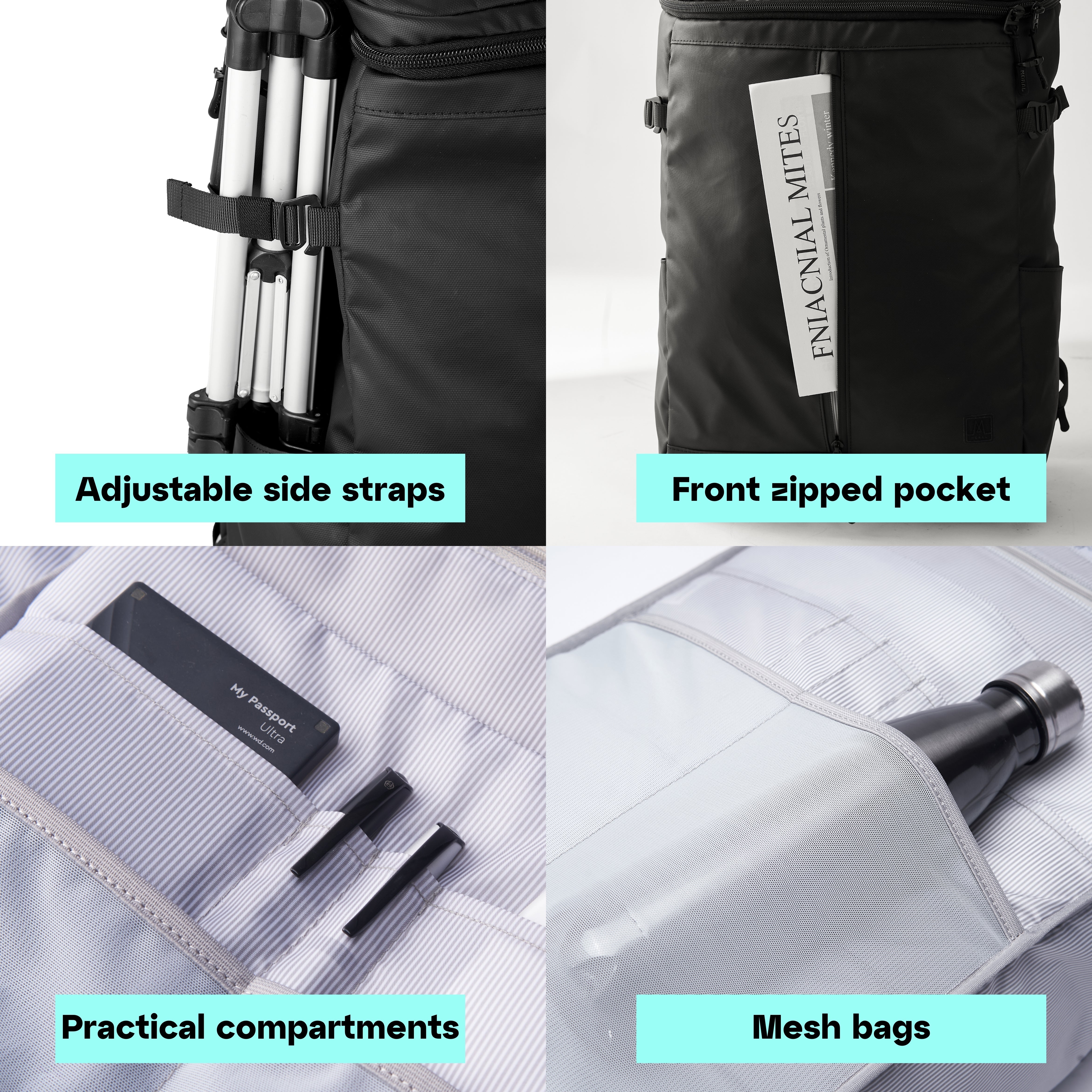 Moral Rochester Omni 雙肩背包,細節展示包括可調節側邊背帶、前置拉鍊口袋、實用分隔層與網袋設計,提供多功能儲存空間,適合日常與旅行使用。