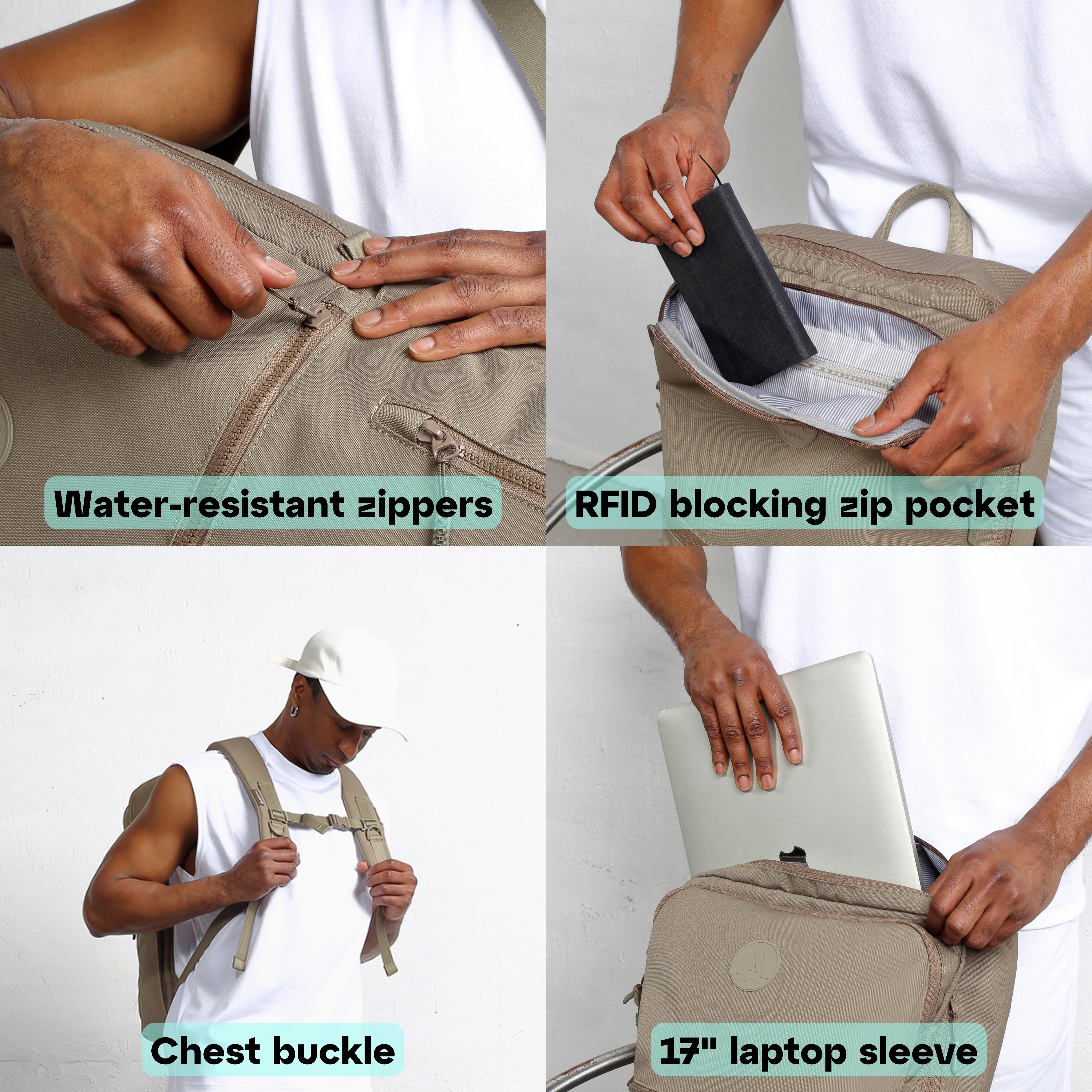 MORAL Cecil Trackies 可生物降解背包,搭載防潑水拉鍊、RFID防盜拉鍊袋、胸扣與17吋筆記型電腦隔層。設計注重安全與實用性,適合現代生活需求。