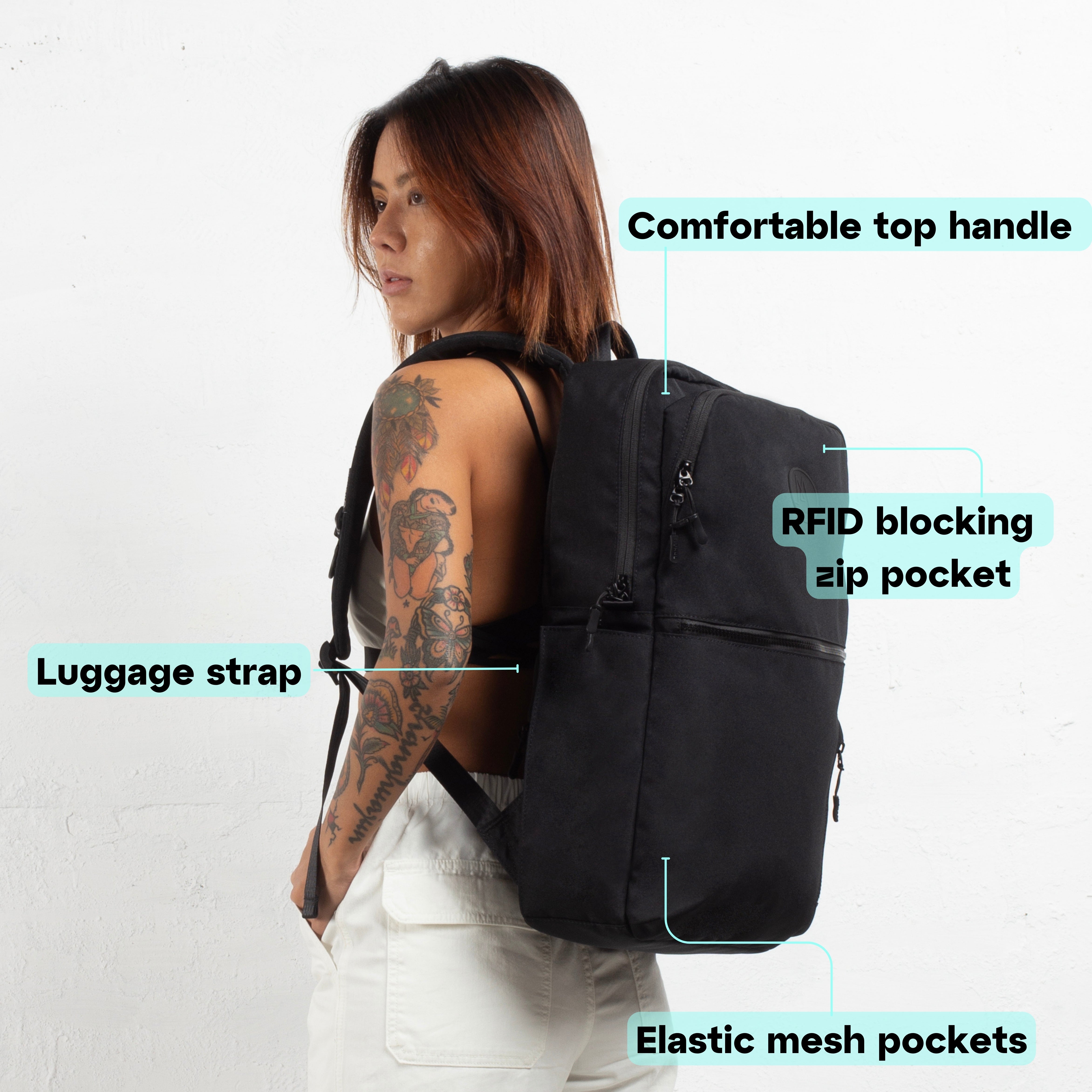 MORAL Cecil Trackies 可生物降解背包,黑色款式搭載舒適手把、RFID防盜拉鍊袋、行李固定帶與彈性網袋。設計兼顧安全收納與便利攜帶。