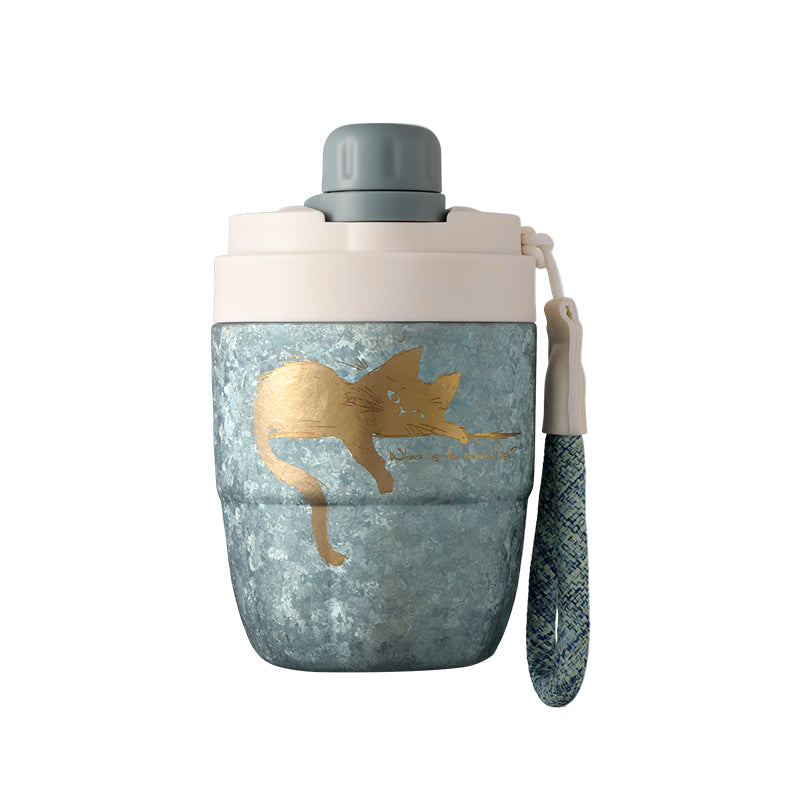 ETELF Portable Coffee Cup|隨行咖啡杯 慵懶貓圖案 藍色 杯身質感展示
