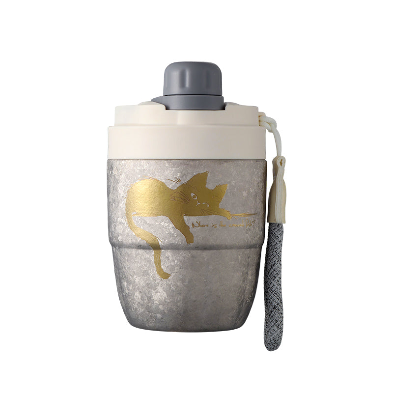 ETELF Portable Coffee Cup|隨行咖啡杯 慵懶貓圖案 銀色 圖案細節展示