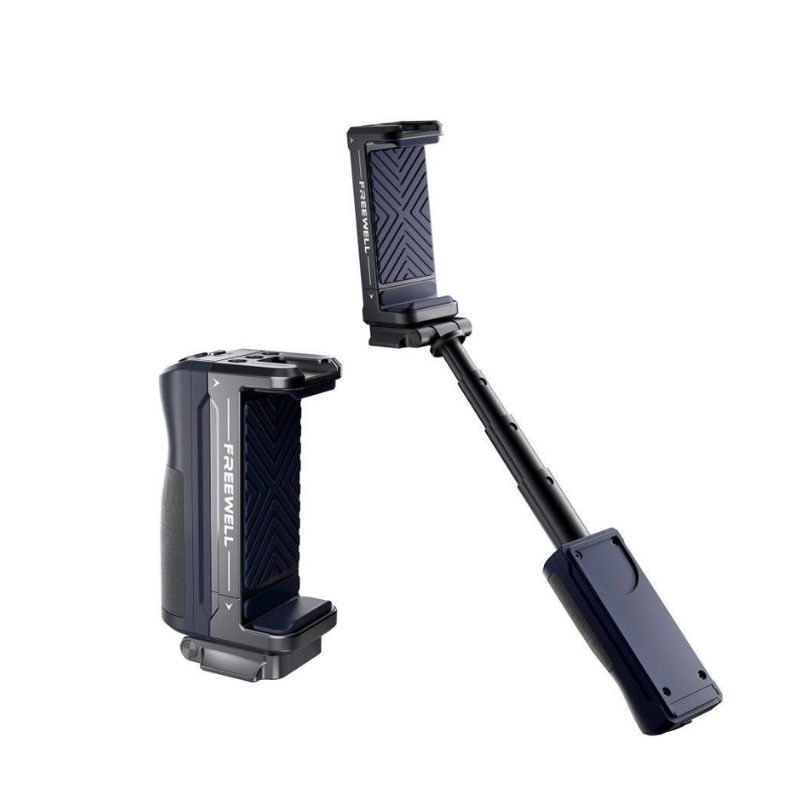 FREEWELL Versatile Bluetooth Selfie Grip,展示其三合一功能設計。