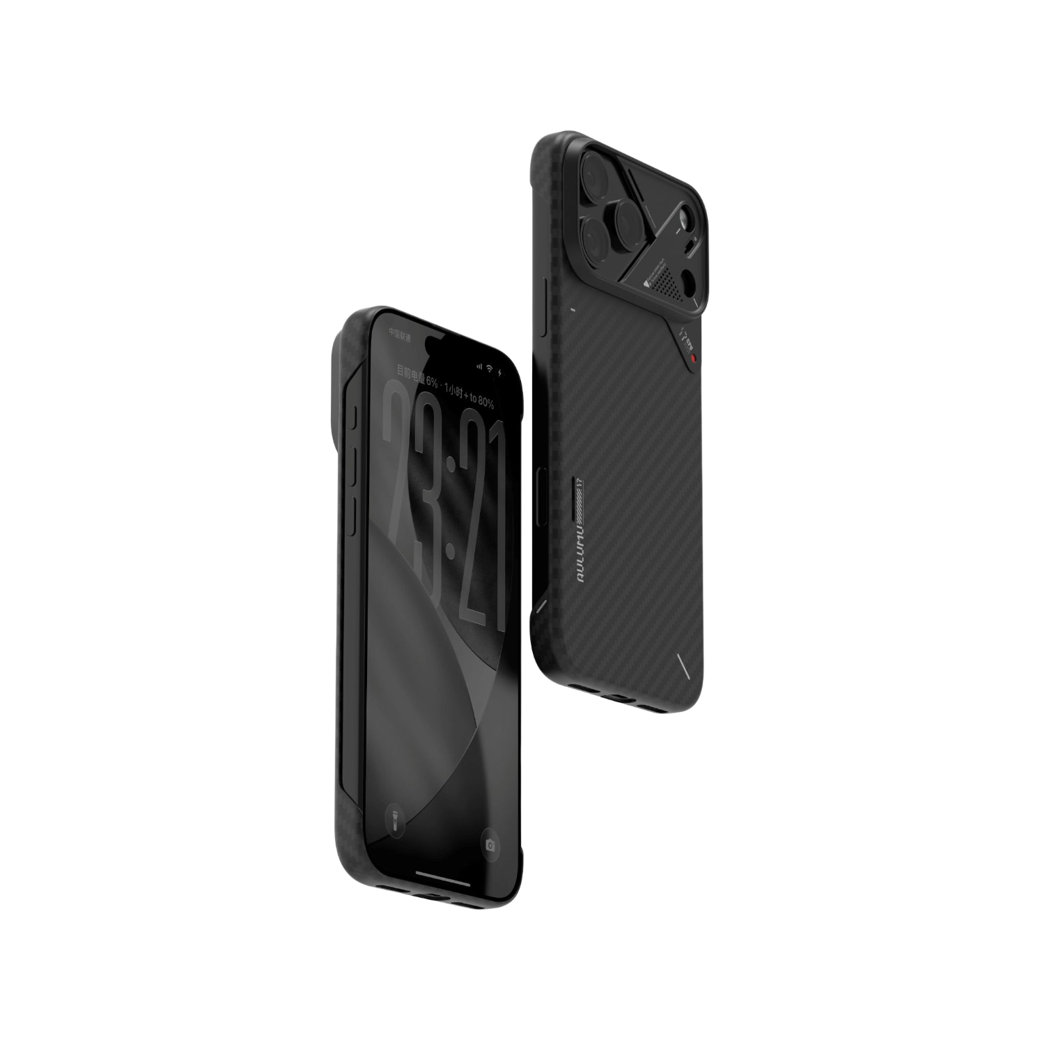 AULUMU 芳綸纖維手機殼 正面與背面展示,支援 MagSafe,碳黑編織紋理