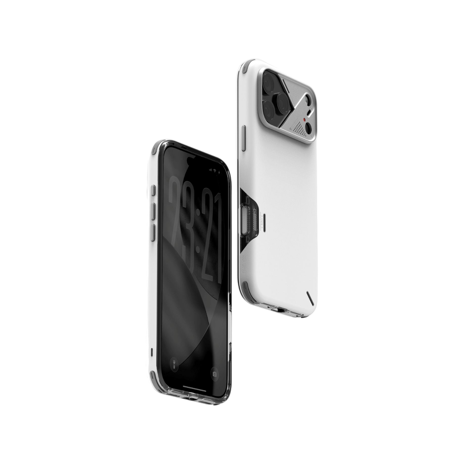 AULUMU 防震手機殼 白色款 正面與背面展示,iPhone 17 Pro 相容,鋁合金鏡頭框設計
