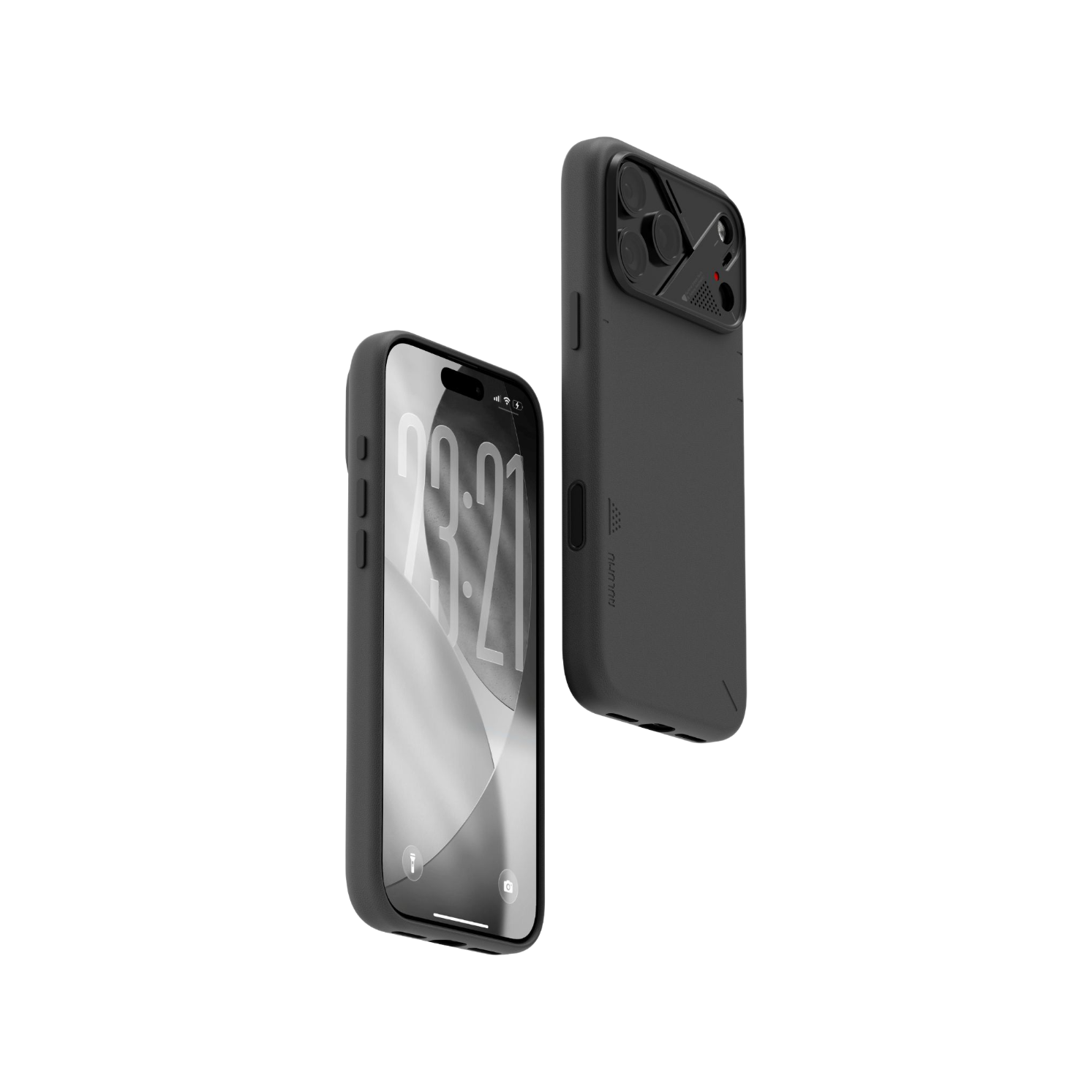 AULUMU 素皮手機殼 黑色款 正背面展示,鋁合金鏡頭框與 MagSafe 相容設計