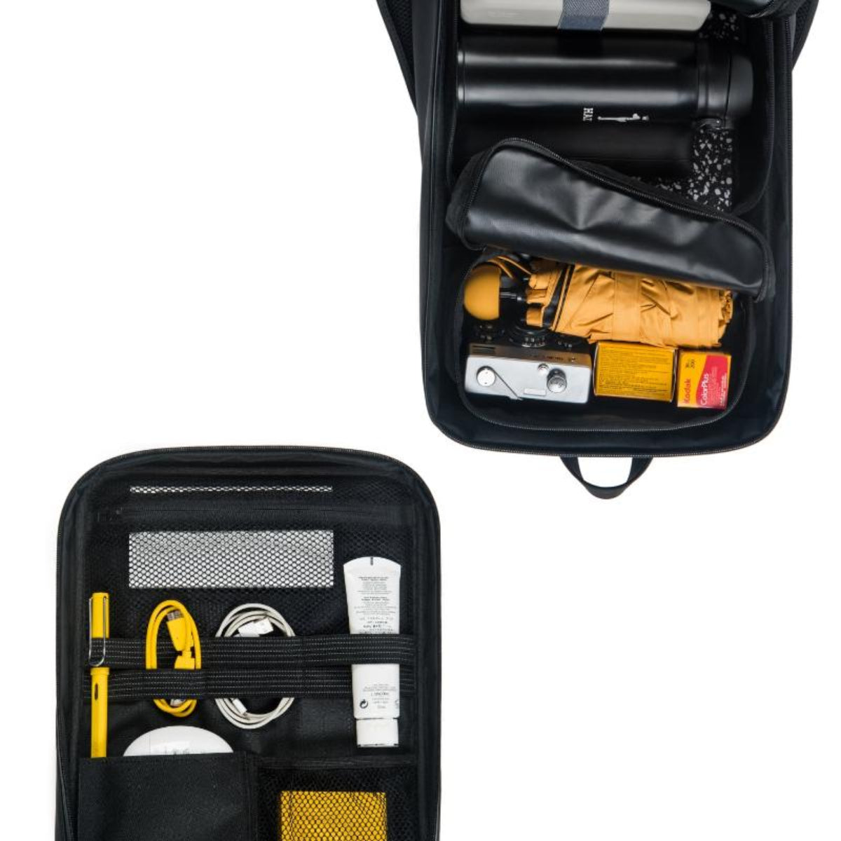 Fisherman Backpack S 背囊內部展示,包含兩個可拆卸收納袋與多個口袋