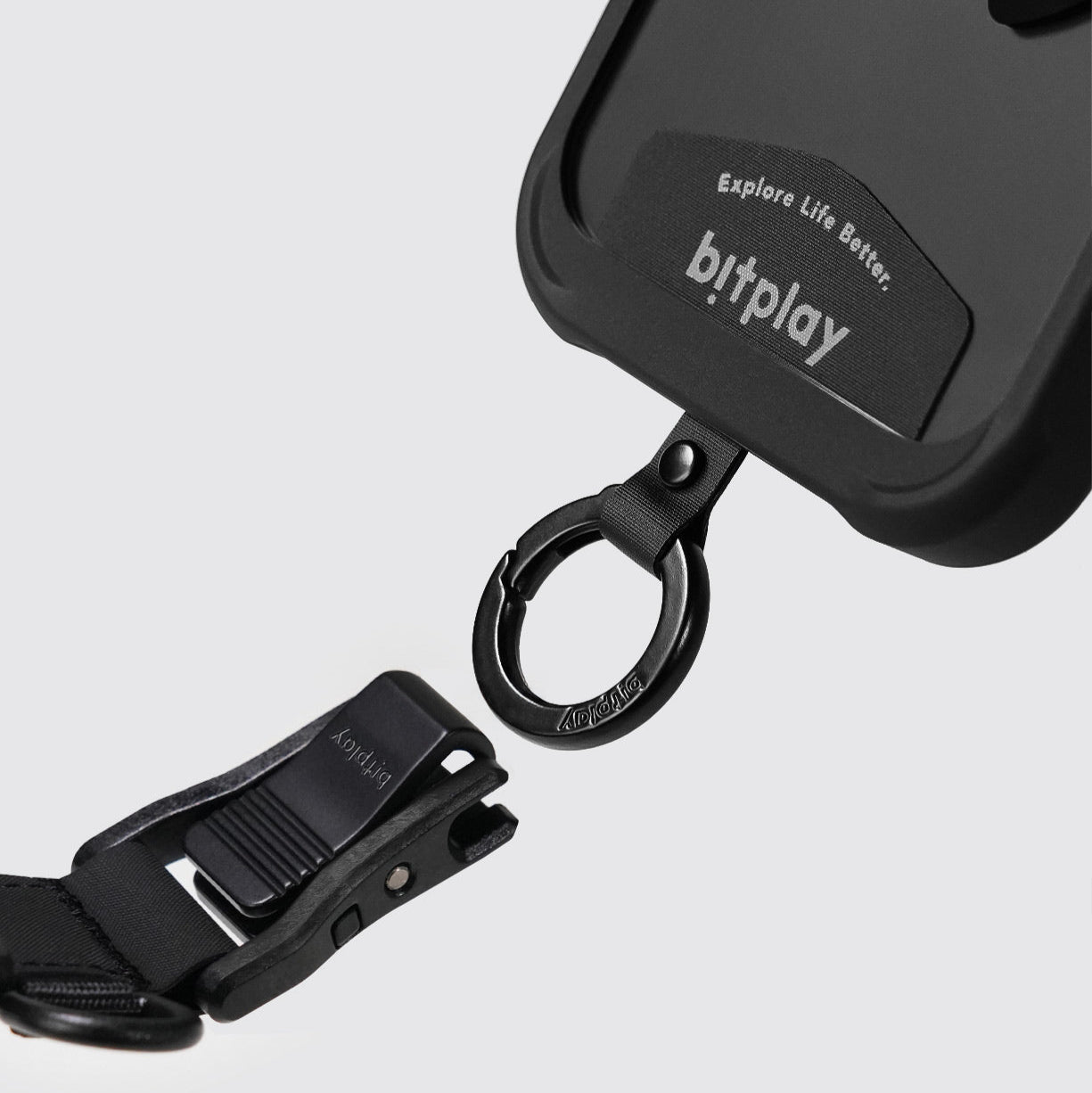 背帶掛扣與 Phone Tab 手機連接配件細節特寫。