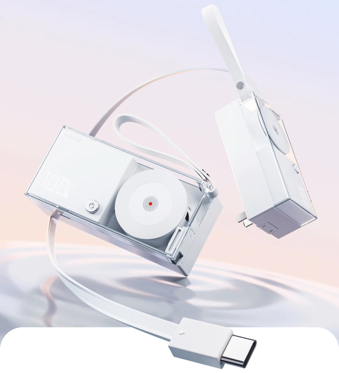 3C安全認證【Sharge】Retractable 3合1行動電源|10000mAh 30W GaN快充|內建伸縮USB-C線|透明設計