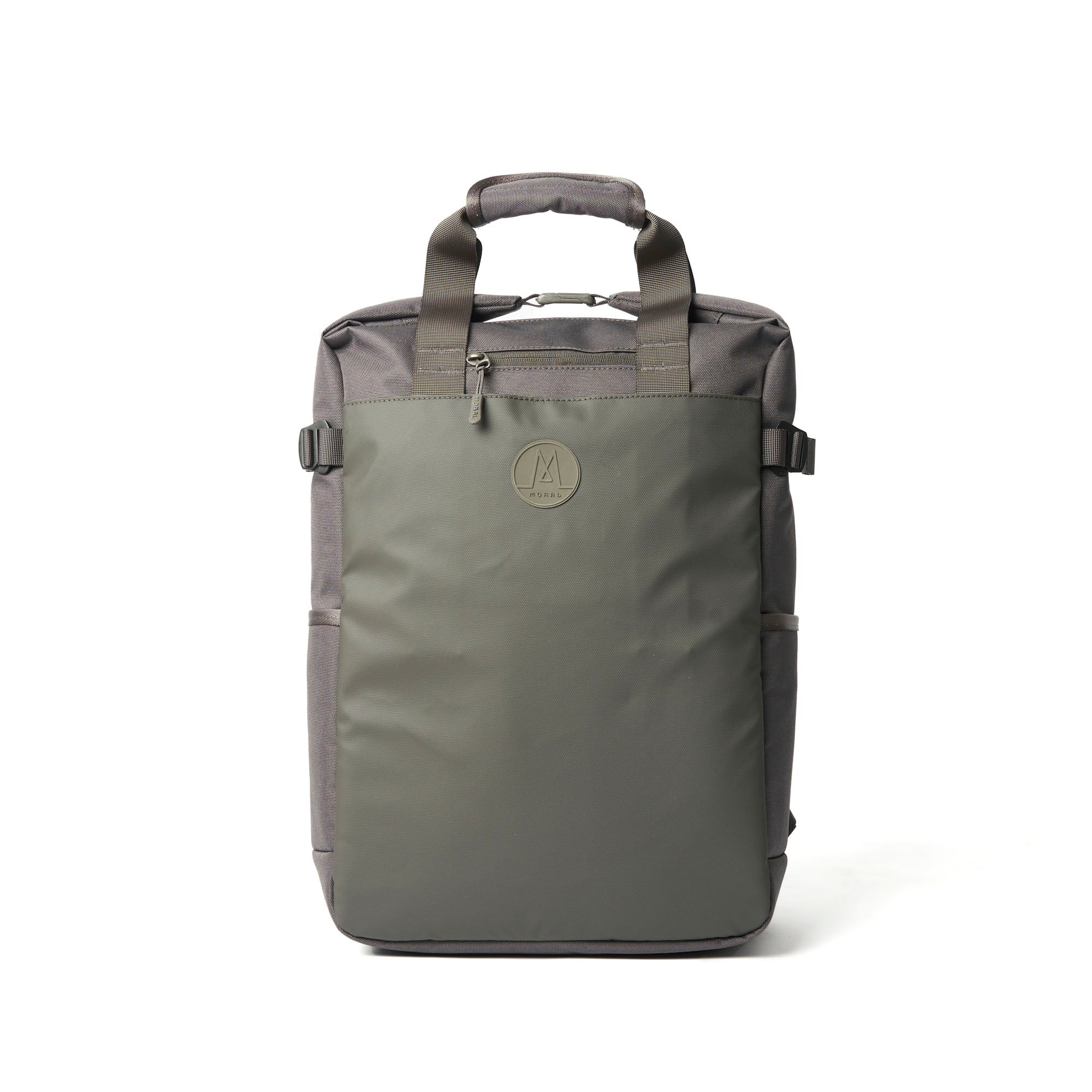 Moral NIGHTHAWKS GROG多用途保冷背包 - 大碼 橄欖綠配色正面展示,搭配品牌圓形標誌。獨特雙色設計結合時尚與實用功能。