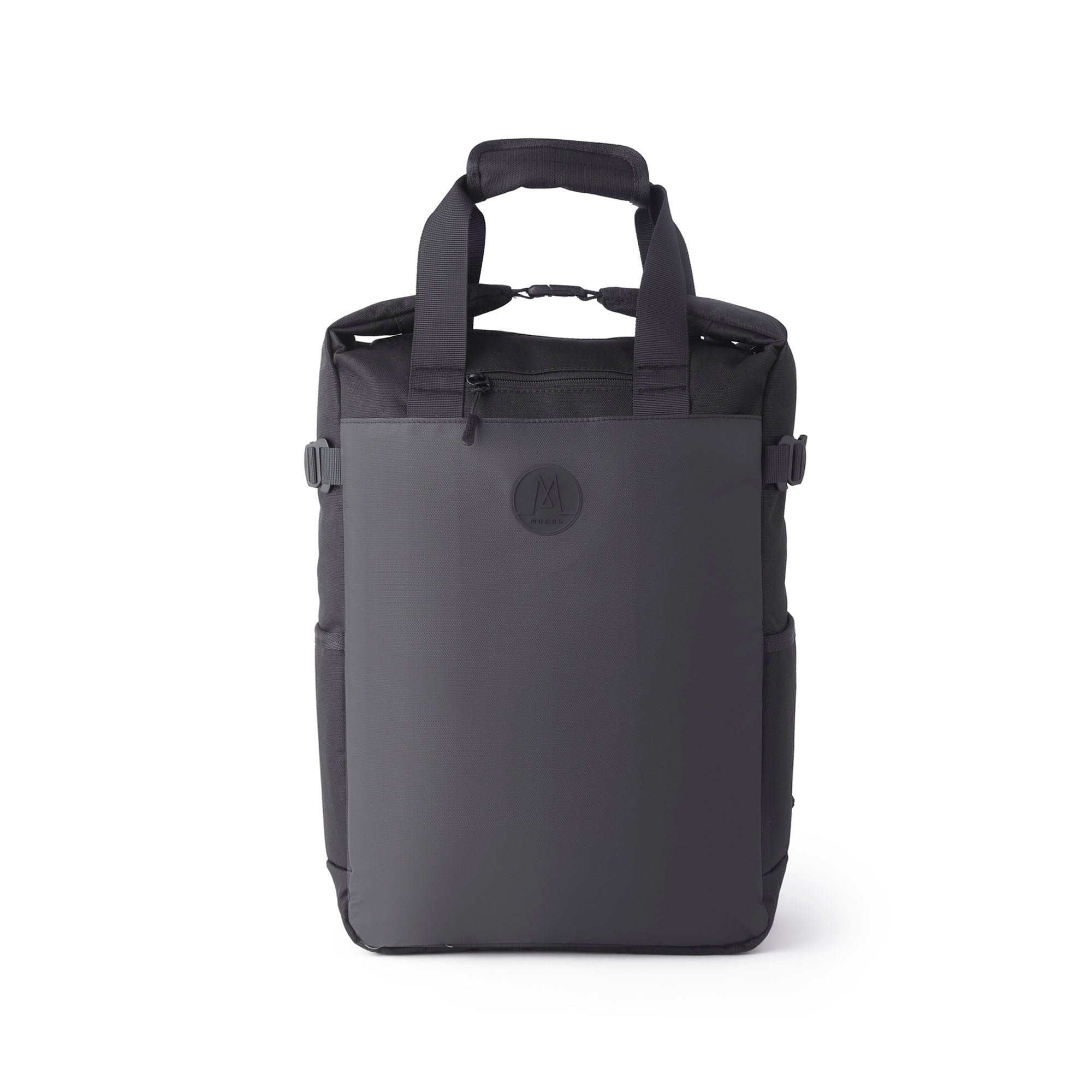 Moral Nighthawks Grog 多用途保冷背包正面單品照,展現俐落有型的外觀與品牌標誌。全黑設計搭配防潑水材質,兼具時尚感與實用性。