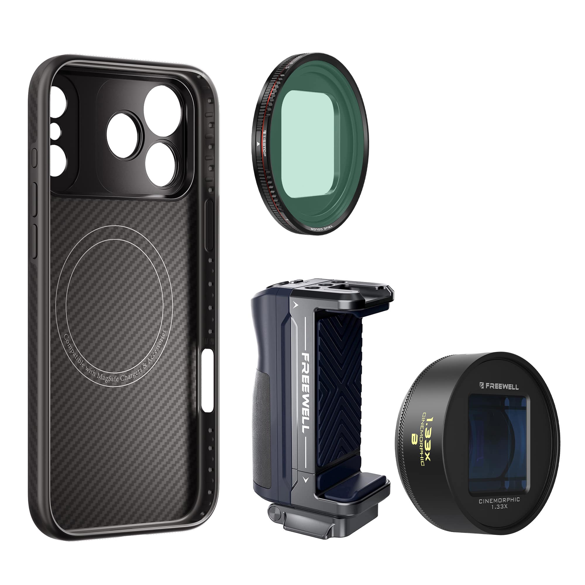 FREEWELL iPhone Pro Filmmaker Cine Pro Kit,包含 1.33x ANAMORPHIC 鏡頭、VND1-5 濾鏡和 MagSafe 手機殼。