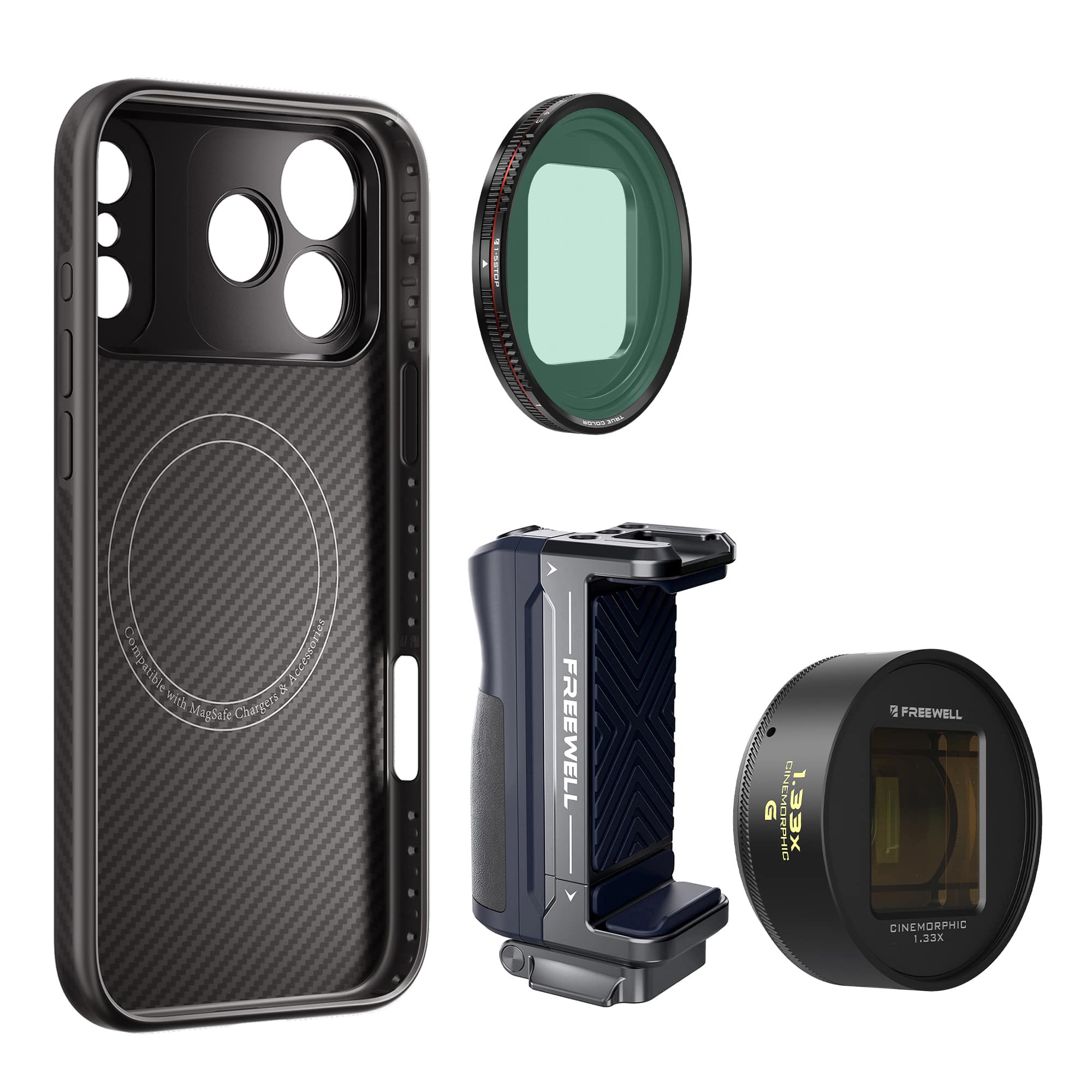 FREEWELL iPhone Pro Filmmaker Cine Pro Kit,包含 1.33x ANAMORPHIC 鏡頭、VND1-5 濾鏡和 MagSafe 手機殼。