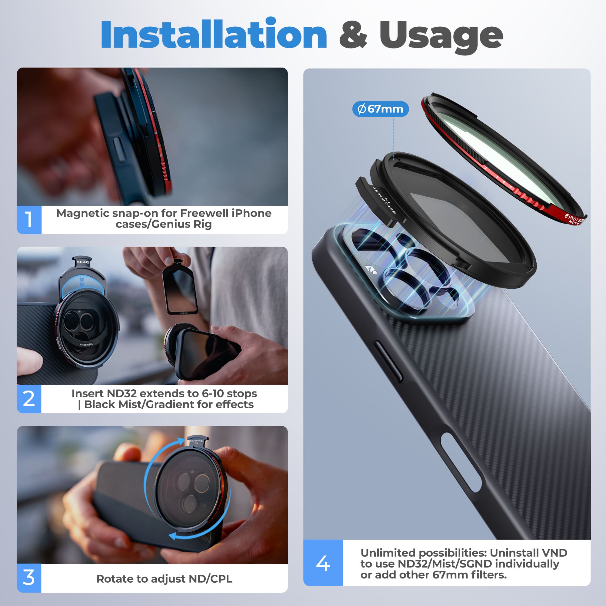 濾鏡安裝於 iPhone 的場景:展示濾鏡與 iPhone 的完美結合,突顯磁吸式設計的便利性。