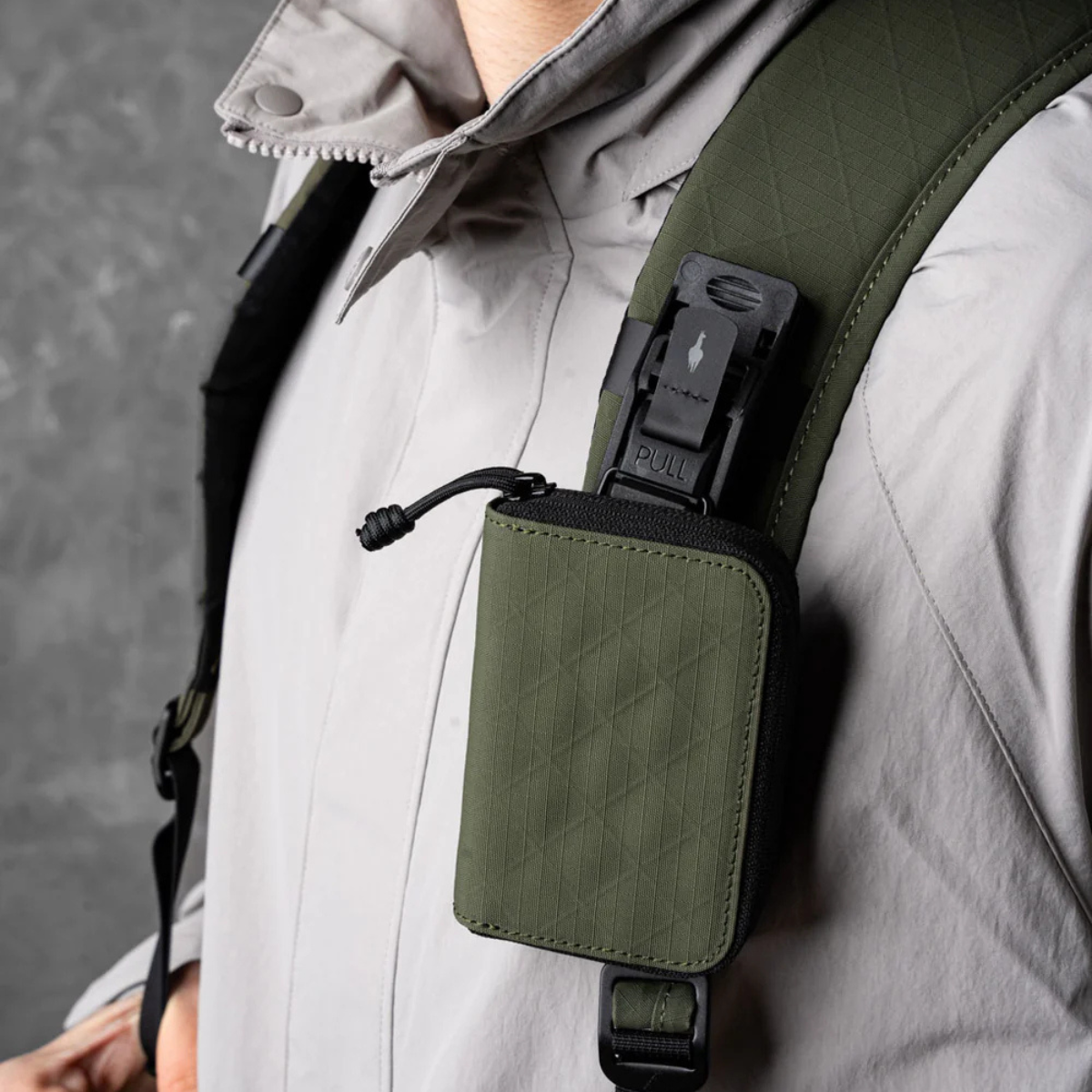 將 Zip Pouch Pro、HUB Pouch 和其他配件安裝到肩帶上，以便在旅途中方便取放。（HUB 鑰匙圈和小袋單獨出售。）