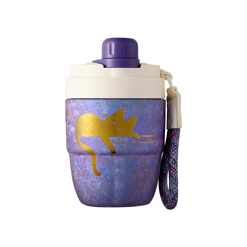 ETELF Portable Coffee Cup｜隨行咖啡杯 慵懶貓圖案 紫色 圖案細節展示