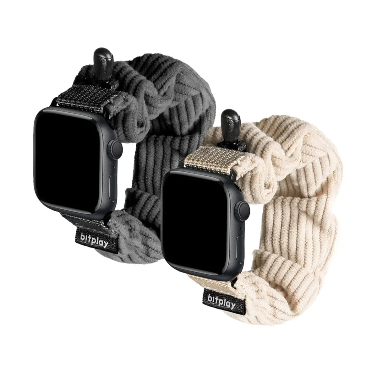 【Bitplay】蓬鬆圈圈錶帶｜柔軟燈芯絨材質，適用Apple Watch全系列，晨曦杏與迷霧灰色系，皺摺設計，搭配可調節束繩，舒適穩固，增添冬季穿搭質感。

