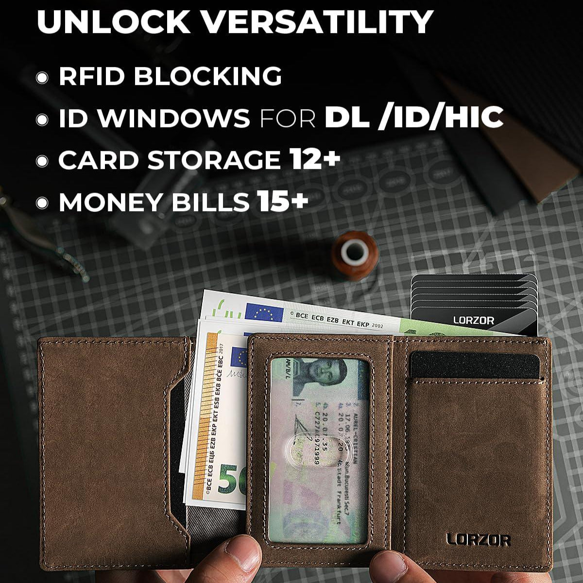 LORZOR AirTag 錢包配備 RFID 屏蔽技術，保護卡片信息免受非法掃描