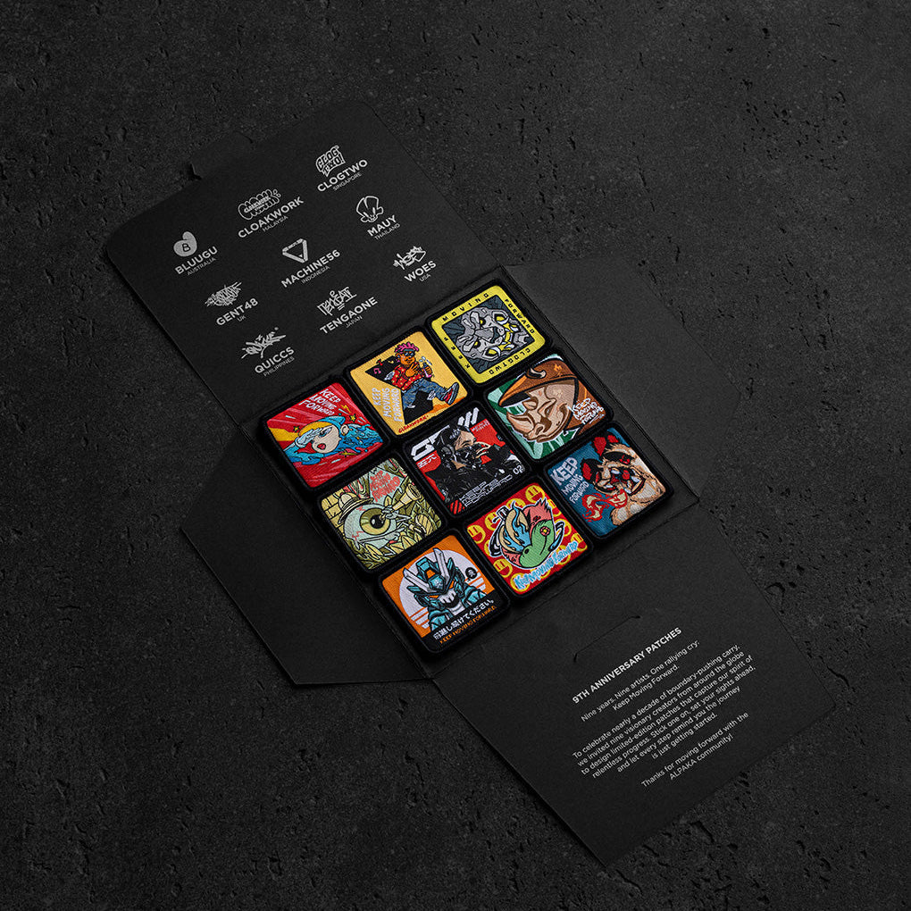 【Alpaka】Patch Collection｜限量9周年藝術補丁｜展現創意與個性風格：限量收藏展示：九款補丁整套擺放，展示限量收藏價值。
