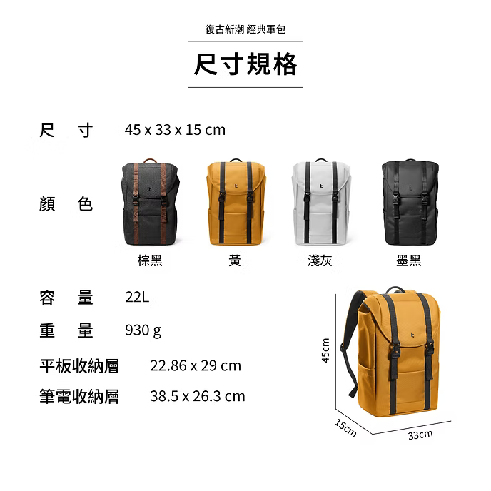 【Tomtoc】復古新潮後背包｜便攜設計